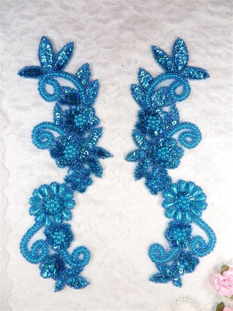 Mirror Pair Applique Turquoise Holographic Floral Sequin Beaded Patch