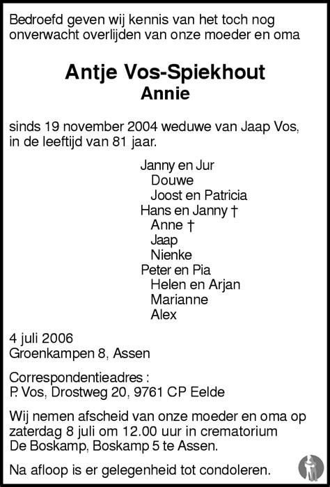 Antje Annie Vos Spiekhout 04 07 2006 Overlijdensbericht En