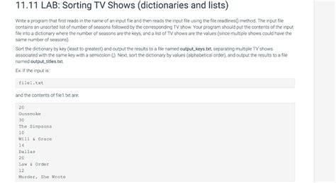 Solved 11 11 LAB Sorting TV Shows Dictionaries And List Chegg