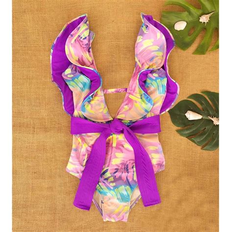 2021 New Sexy Ruffle Print Floral One Piece Strappy Slimming Swimwear