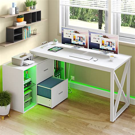 Dextrus L Shaped Desk with LED Light & Power Outlets, 55 Inch ...