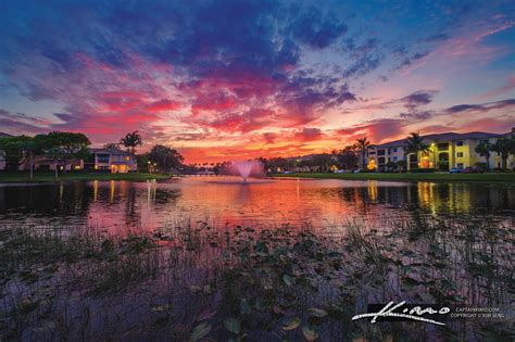 Colorful Sunset At San Matera Lake In Palm Beach Gardens Florida Hdr