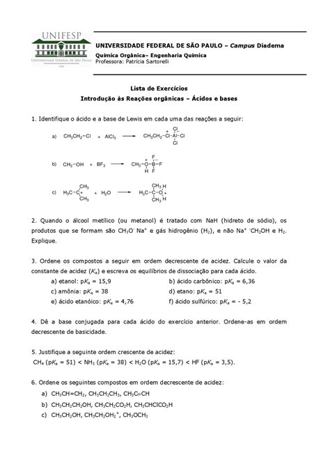 Lista De Exercícios De ácido E Base Docsity