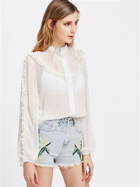 Blouse170406457 2 Band Collar Lantern Sleeves Sheer Blouse No Frills