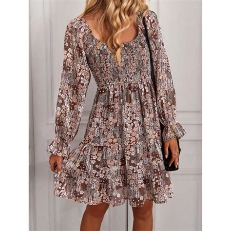 Robe Femme Chic Et Elegant Boheme Fleurie Manches Longues Vacances La