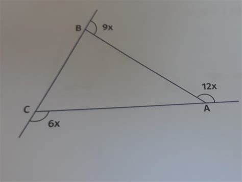 1 Calcule A Medida De Cada ângulo Externo Do Seguinte Triângulo Abc B 9x 12x С A 6x Brainly