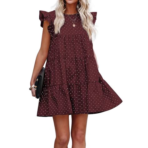 Esobo Women Polka Dot Relaxed Mini Dress Tiered Babydoll Boho Ruffled