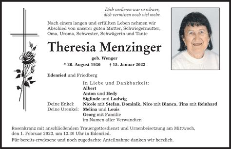 Traueranzeigen Von Theresia Menzinger Augsburger Allgemeine Zeitung