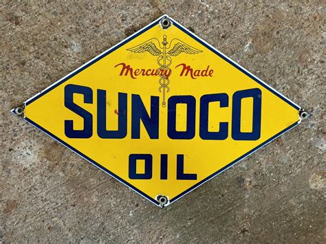 Vintage Porcelain Sunoco Oil Mercury Made Gas And Oil Sign Ebay