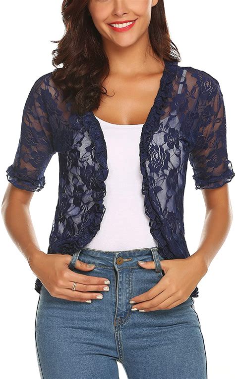 Urru Womens Lace Crochet Cardigan Ruffle Half Sleeve Open Front Casual