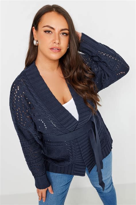 Yours Plus Size Navy Blue Pointelle Belted Cardigan Yours Clothing