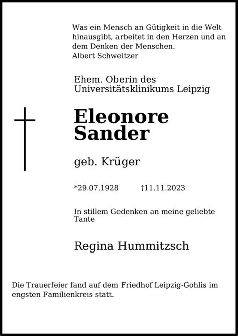 Traueranzeigen Von Eleonore Sander Trauer Anzeigen De