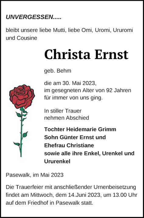 Traueranzeigen Von Christa Ernst Trauer Nordkurier