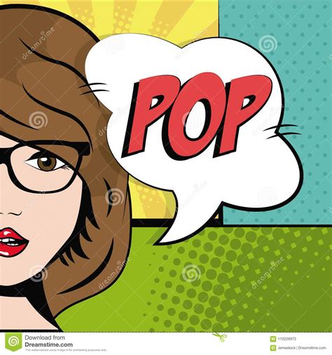 Comic Brunette Girl Glasses Bubble Speech Pop Art Stock Vector