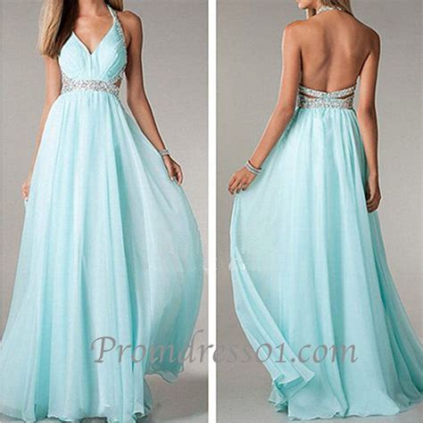 2015 Elegant Ice Blue Backless Chiffon Long Prom Dress Sparkly Ball