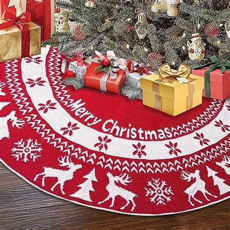 Christmas Tree Skirt 48 Inches Burgundy Red Cable Knitted Xmas