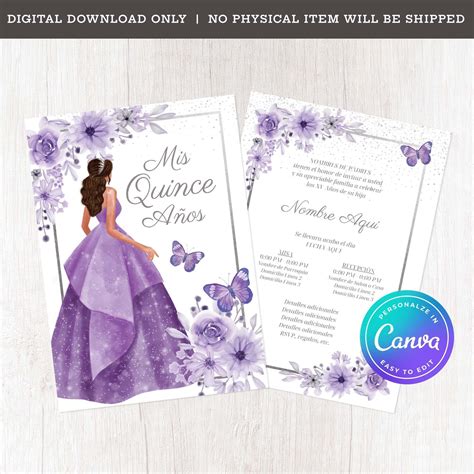 Quinceañera Invitation Template 5x7 Purple Lilac Etsy Quinceanera Invitations Invitations