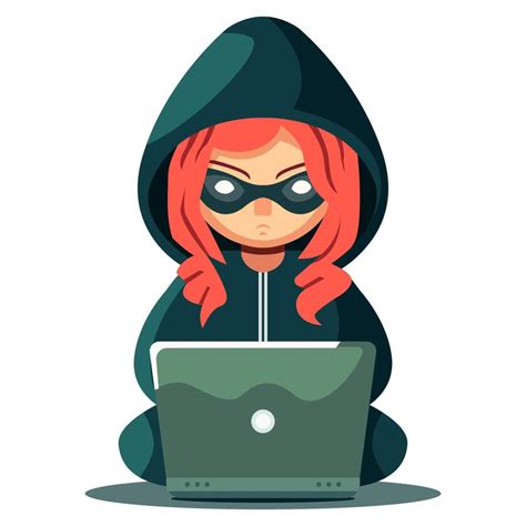 hacker girl character with masked laptop and red hair. flat vector ...