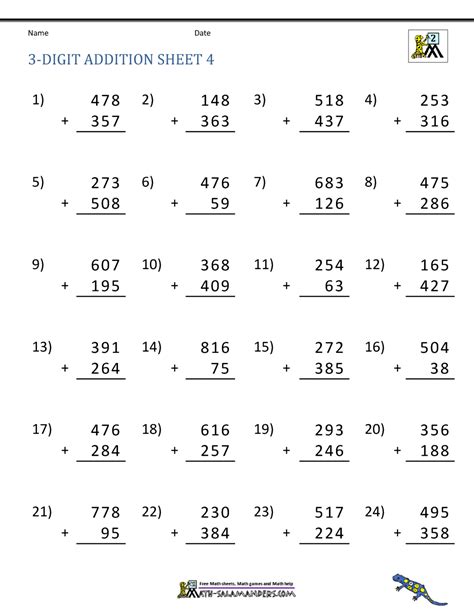 Addition Three Digit Numbers Worksheets Addition Digit Works