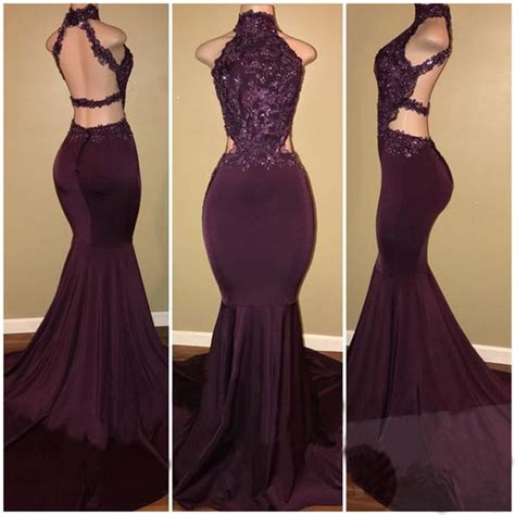 Sexy Dark Purple Mermaid Evening Dresses 2018 New Lace Top Halter