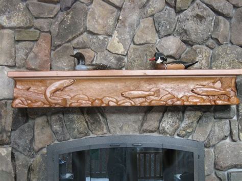 Hand Carved Trout Stream Mantel Carved In Local Cherry And Made To