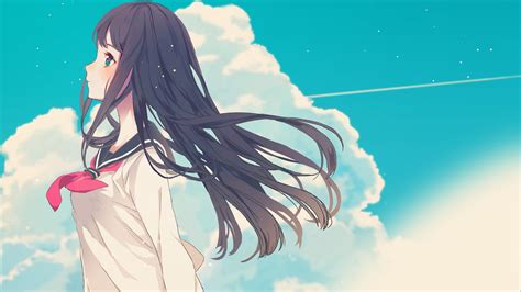 illustration, long hair, anime, anime girls, sky, clouds, school ...