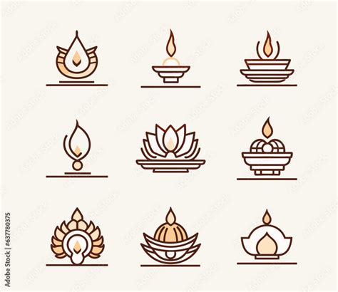 Diwali Diya Icon Sets On Plain Background Single Line Art Stock