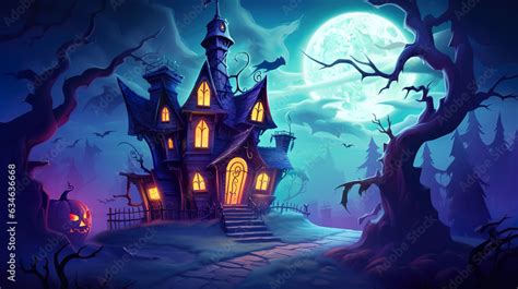 Cartoonish spooky haunted house from the outside at night with ...