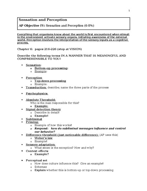 AP Sensation Perception Guided Notes Sensation And Perception AP