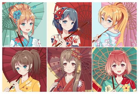 Set Of Cute Anime Characters Avatar In Kimono And An Umbrella Cartoon