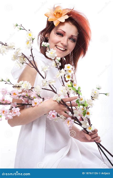 Beautiful Woman With Spring Flowers Smiles Stock Photo Image Of