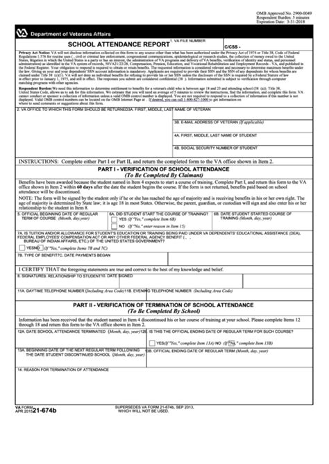 Fillable Va Form 21 674b School Attendance Report Printable Pdf Download