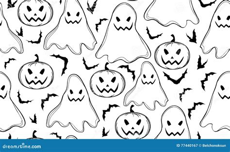 Halloween Vector Seamless Pattern With Ghosts And Bats Stock Vector