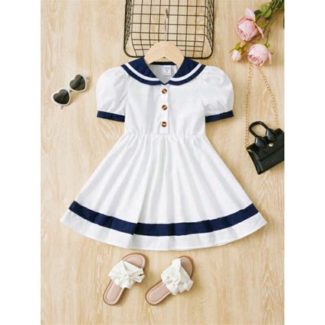 Vestido Branco E Azul Marinho Infantil Meninas Manga Bufante Gola