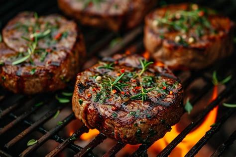 Premium Photo Grilled Beef Steaks With Spices And Herbs On Cutting