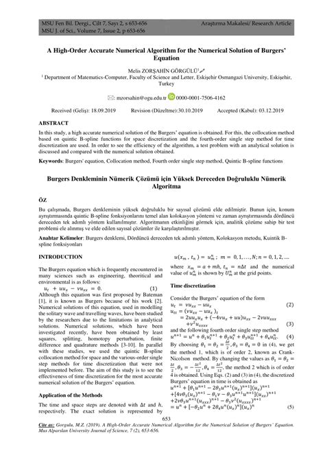 (PDF) Burgers Denkleminin Nümerik Çözümü için Yüksek Dereceden Doğruluklu Nümerik Algoritma