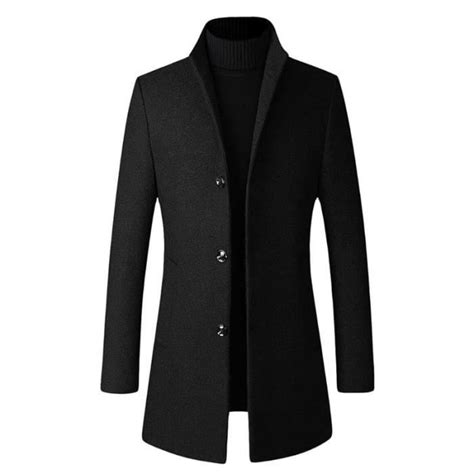 Manteau Homme En Laine à Col Montant Trench Coat Classique Slim Élégant Caban Hommes Noir Noir