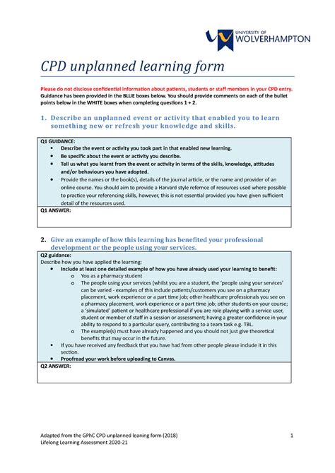 Cpd Unplanned Reflection Form Cpd Unplanned Learning Form Please Do Not Disclose Confidential