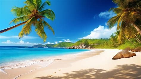 Una playa con palmeras y un océano azul Foto Premium