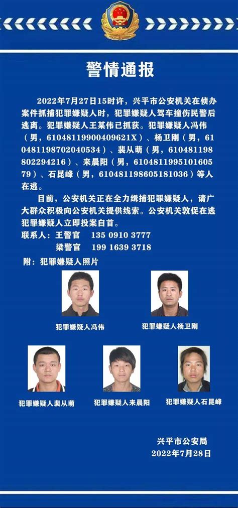 发现这5人立即报警！陕西警方抓捕嫌犯，嫌犯驾车撞伤民警后逃离兴平市王某伟侦办案件