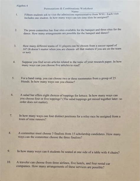 Permutation And Combination Worksheet Worksheet For 7th 9th