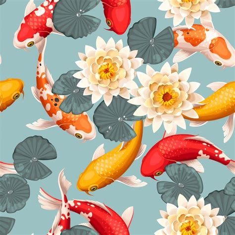 Premium Vector Vector Seamless Pattern With Koi Fish And Lotus