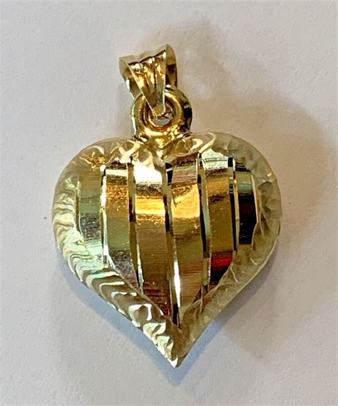 14K Gold Puff Heart Pendant Charm For Necklace Or Chain Unique Wave