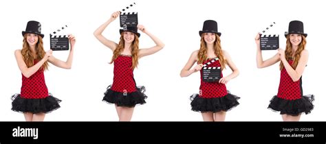 Pretty Girl In Red Polka Dot Dress With Movie Board Isolated On White