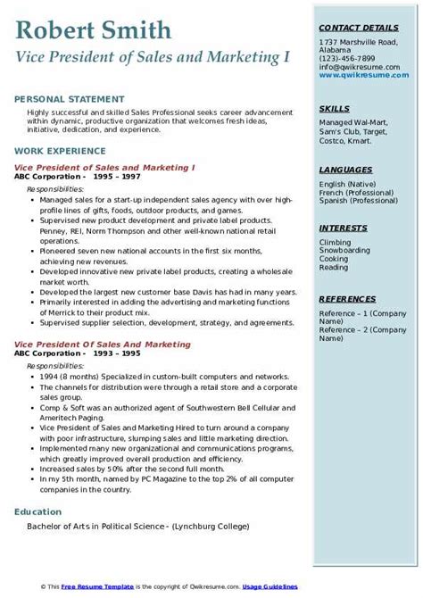 Vice President Of Sales And Marketing Resume Samples Qwikresume