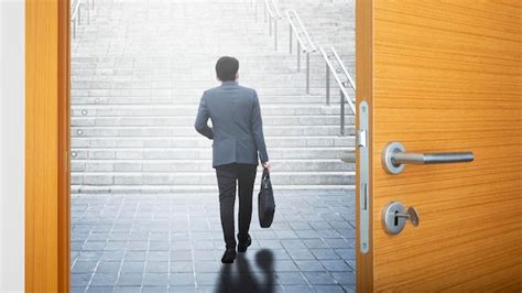 Premium Photo Business Concept Businessman Walking Behind Open Door