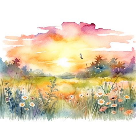 Uma pintura em aquarela de um campo flores e um pôr do sol ao fundo