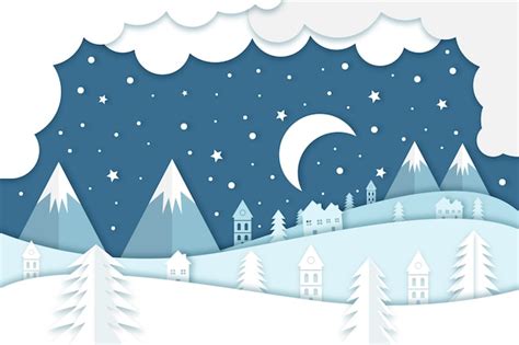 Premium Vector Paper Cut Winter Landscape Cartoon On Blue Background