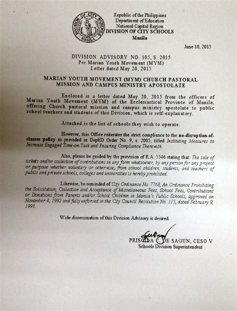 Department Of Education Manila Division Advisory No 105 Marian