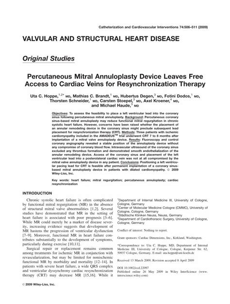 Pdf Percutaneous Mitral Annuloplasty Device Leaves Free Access To